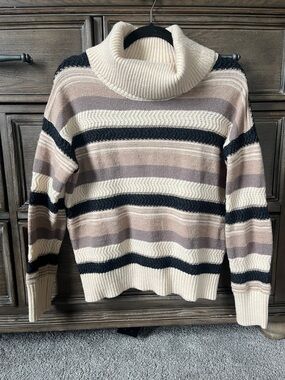 Hem & Thread Striped Turtleneck Sweater in Cream, Taupe & Black